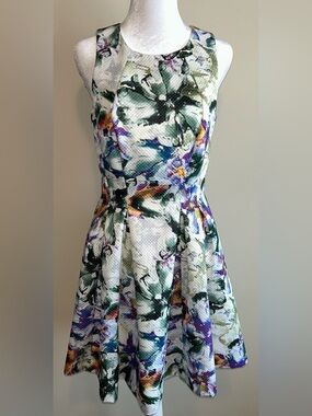 H&M White Floral Watercolor Fit & Flare Mini Dress